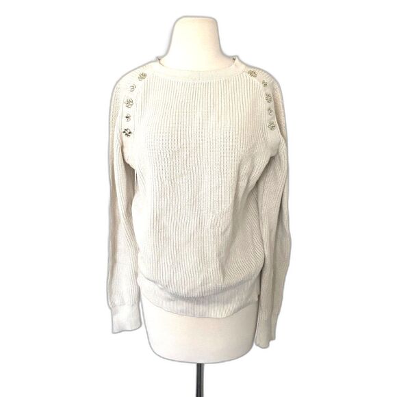 Banana Republic Cream Long Sleeve Knit Pullover Rhinestone Crewneck Sweater Sz L - Picture 1 of 10